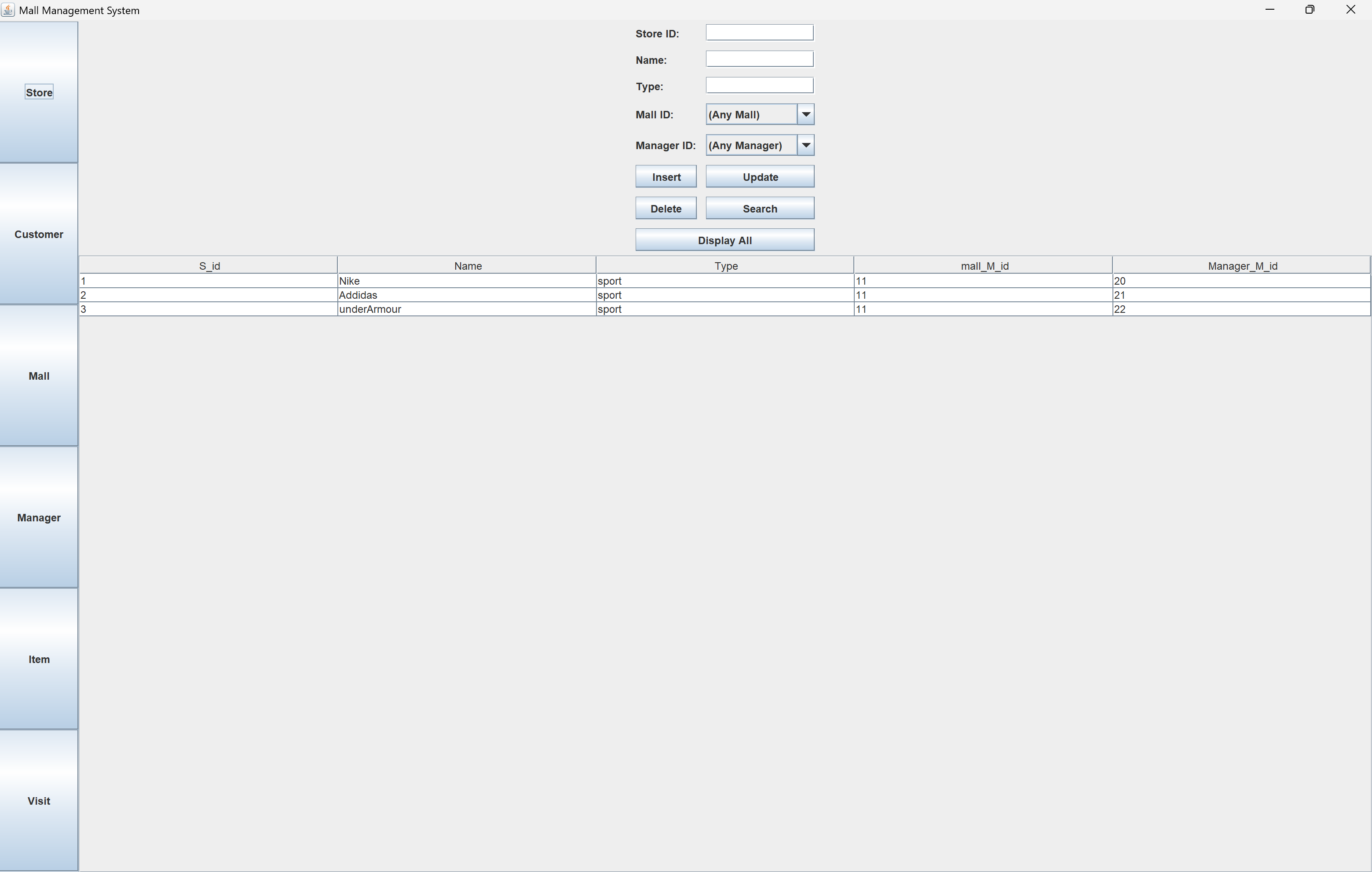 Screenshot from the Mall Database project